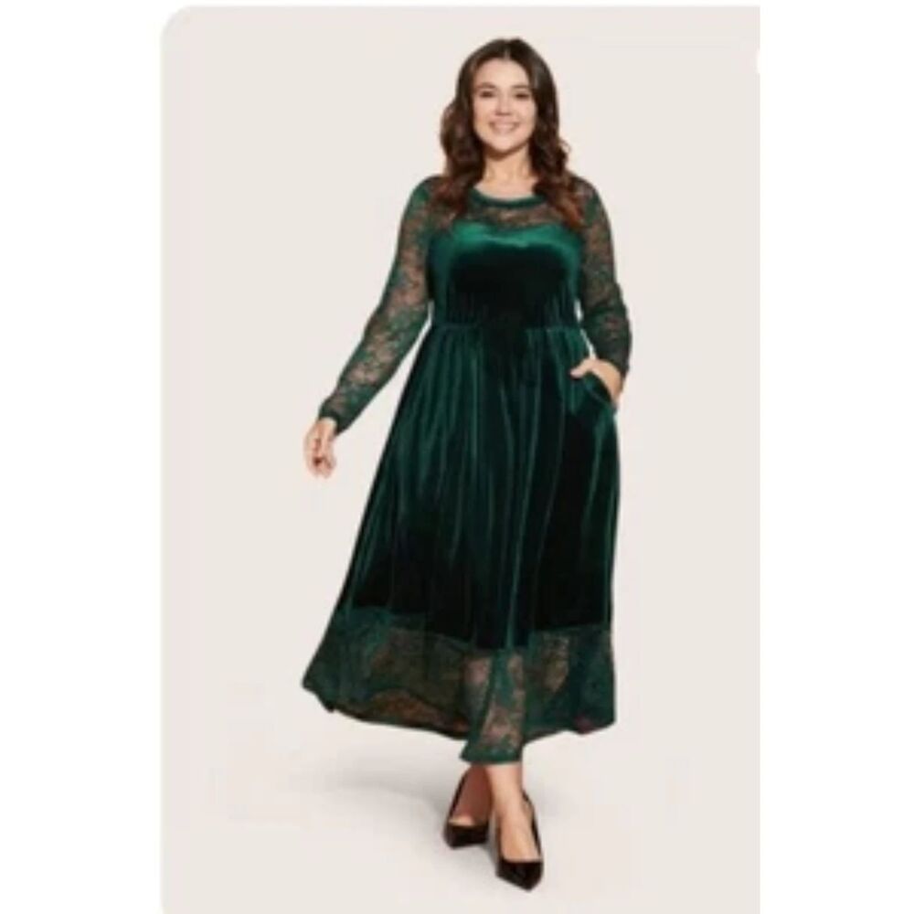 BLOOMCHIC Emerald Velvet/Lace Midi Dress Sz. 22-24 Dark Romance/Goth/Whimsygoth